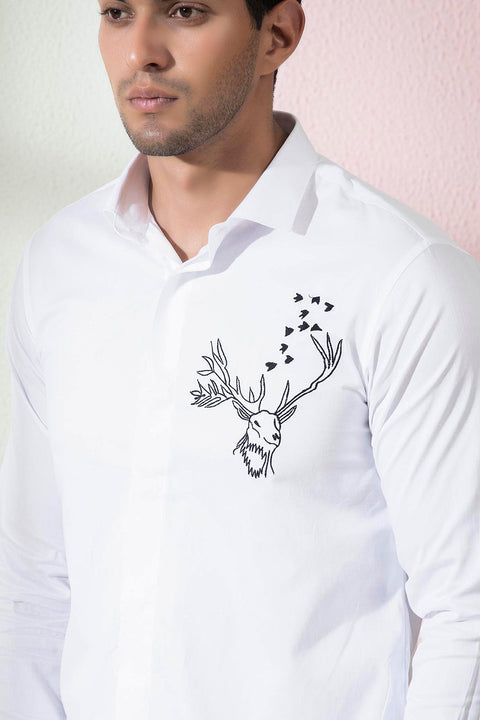 Bianco Reindeer — White Reindeer Embroidered Cotton Satin Shirt