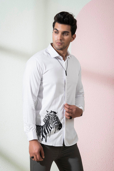 Stan — White Abstract Embroidered Cotton Satin Shirt