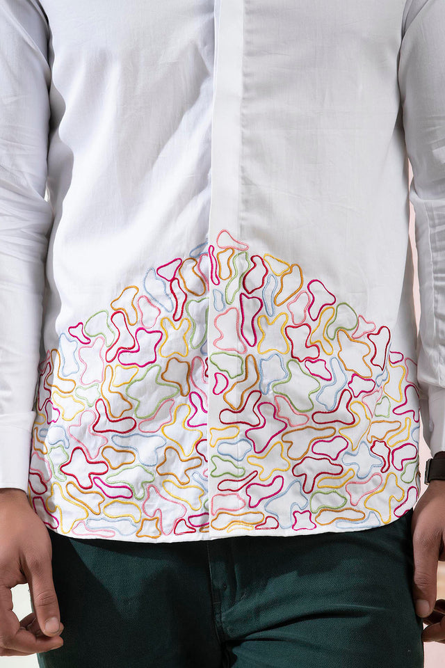 Rainbow — White Multi-Coloured Embroidered Cotton Satin Shirt