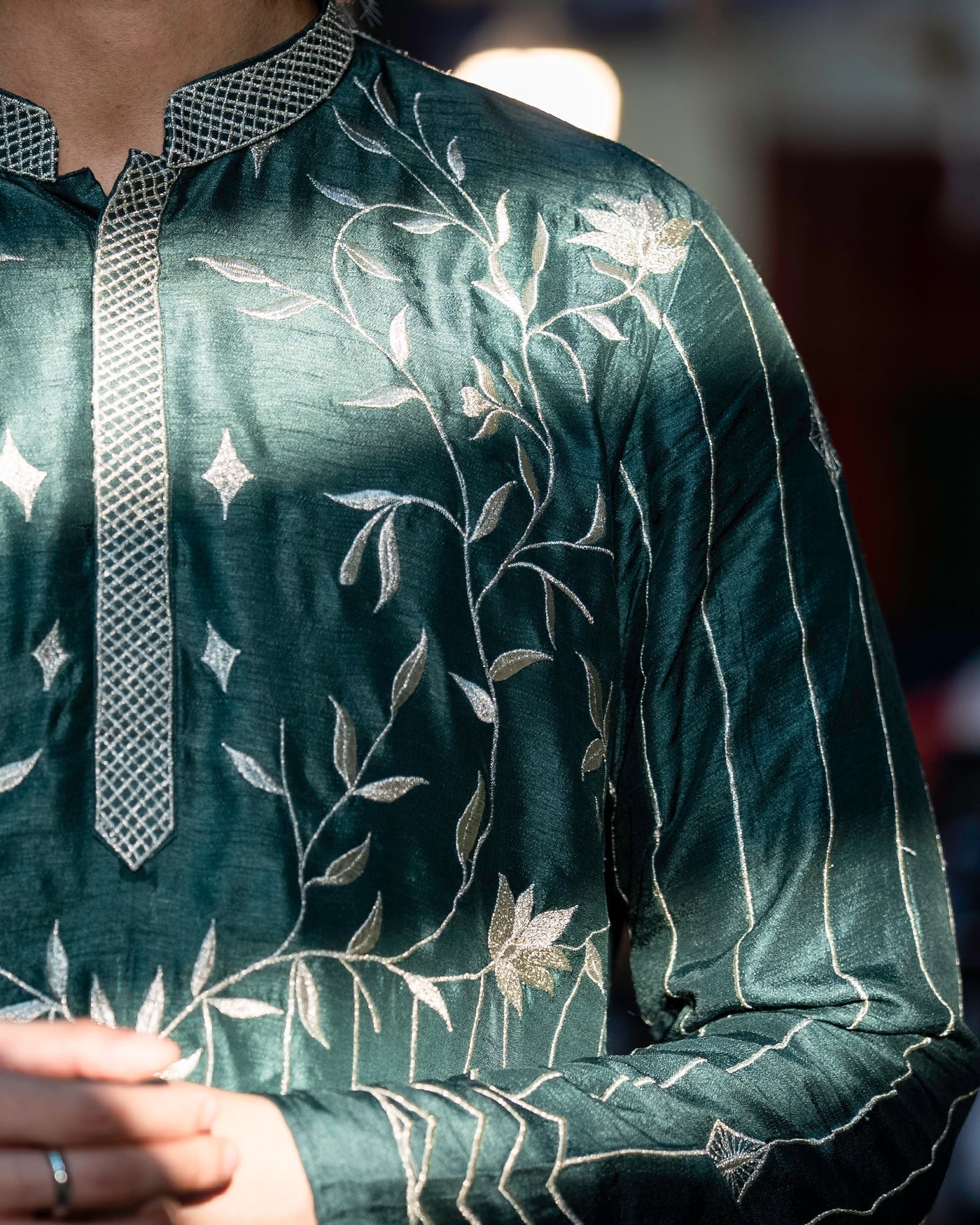 Model wearing a handcrafted Rangu designer kurta on the streets of Hyderabad