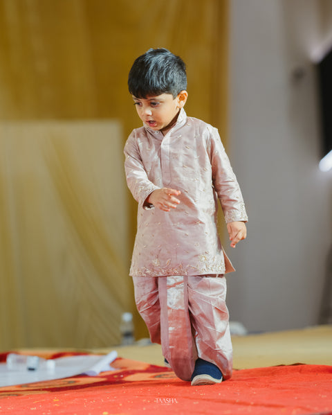 Aarav Kids Silk — Rose Gold Pink Pattu Silk Kids Kurta Set