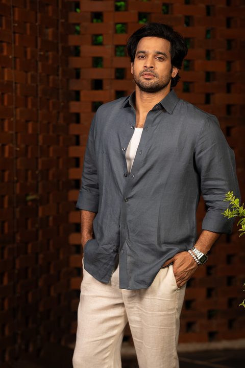 Ocean Haze — Navy Linen Shirt