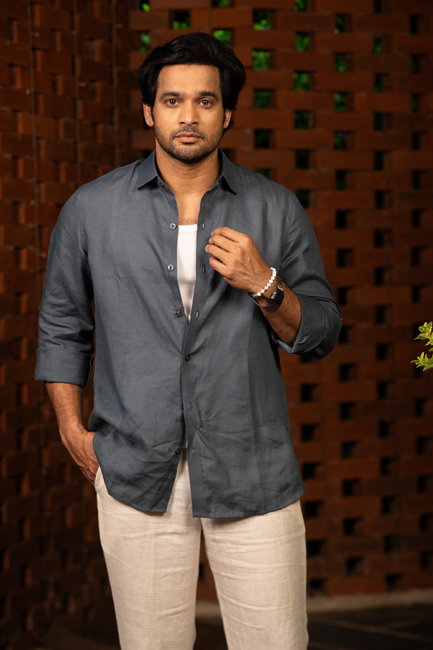Ocean Haze β Navy Linen Shirt