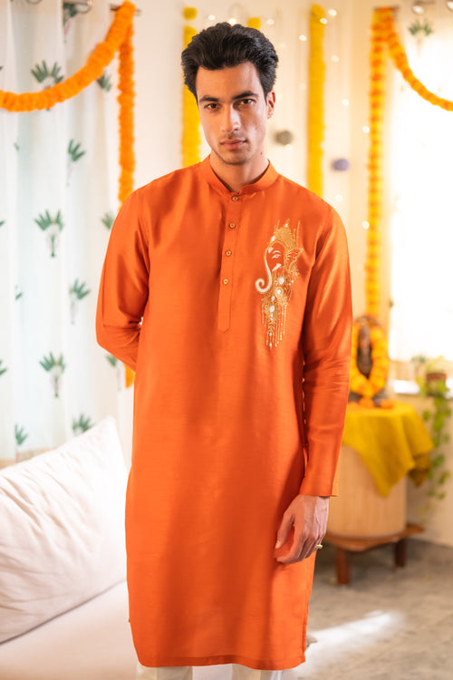 Ishan — Saffron Thread Embroidered Falling Raw Silk Kurta