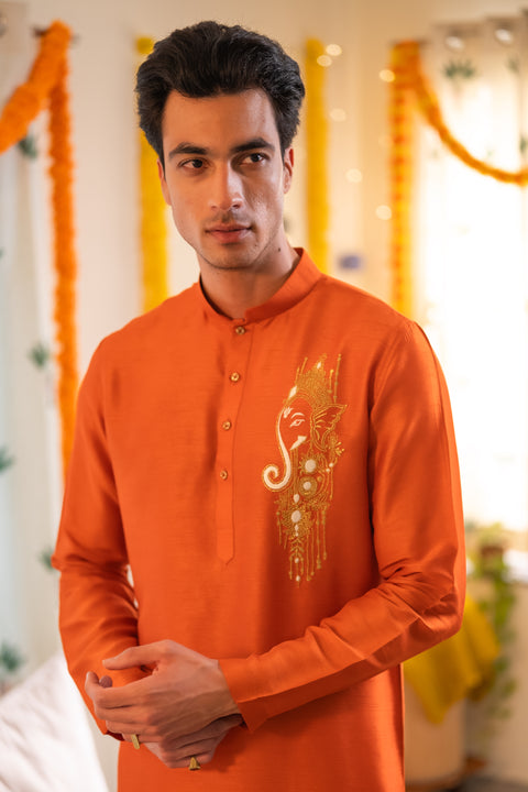 Ishan — Saffron Thread Embroidered Falling Raw Silk Kurta