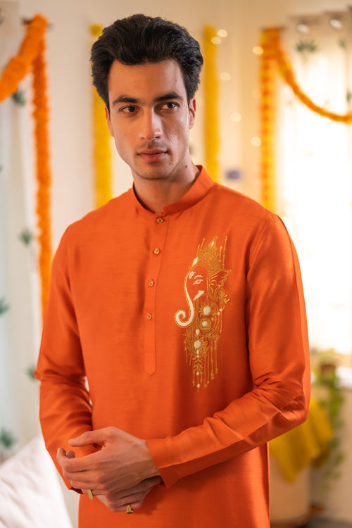 Ishan — Saffron Thread Embroidered Falling Raw Silk Kurta