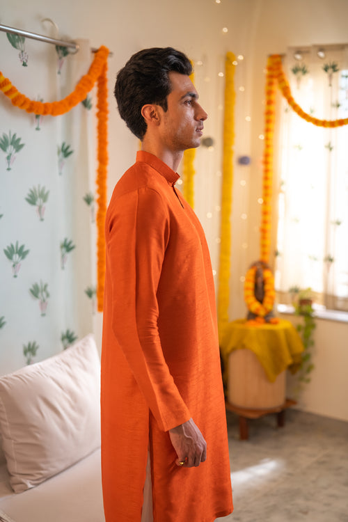 Ishan — Saffron Thread Embroidered Falling Raw Silk Kurta