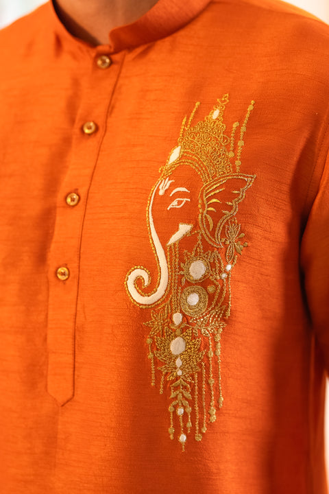 Ishan — Saffron Thread Embroidered Falling Raw Silk Kurta