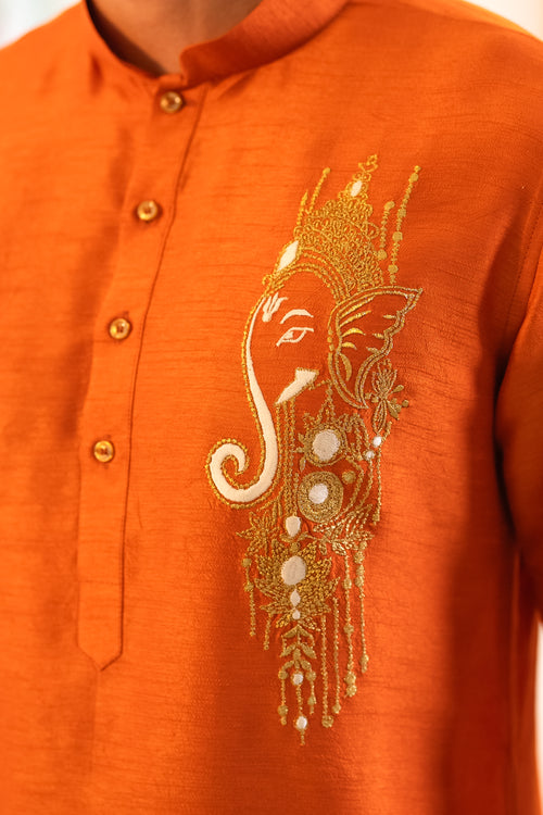 Ishan — Saffron Thread Embroidered Falling Raw Silk Kurta