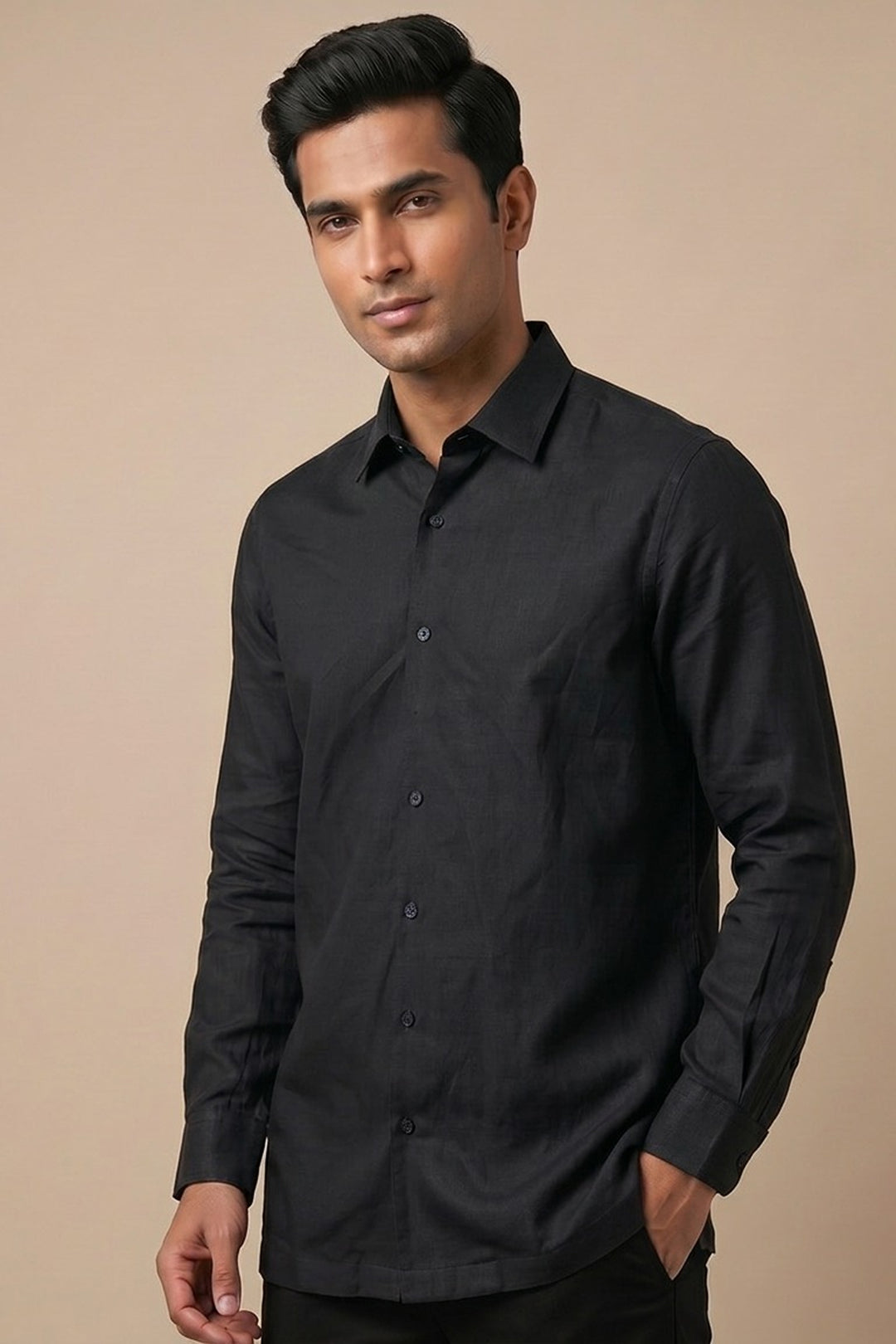 Black cotton flex shirt with relaxed fit and open collar — BareEase by HILO DESIGN