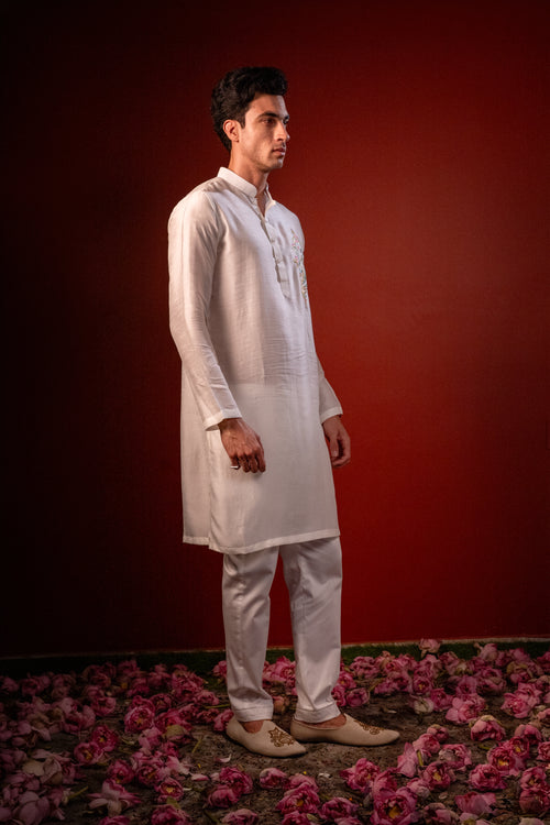 Ekanth — White Thread Embroidered Falling Raw Silk Kurta