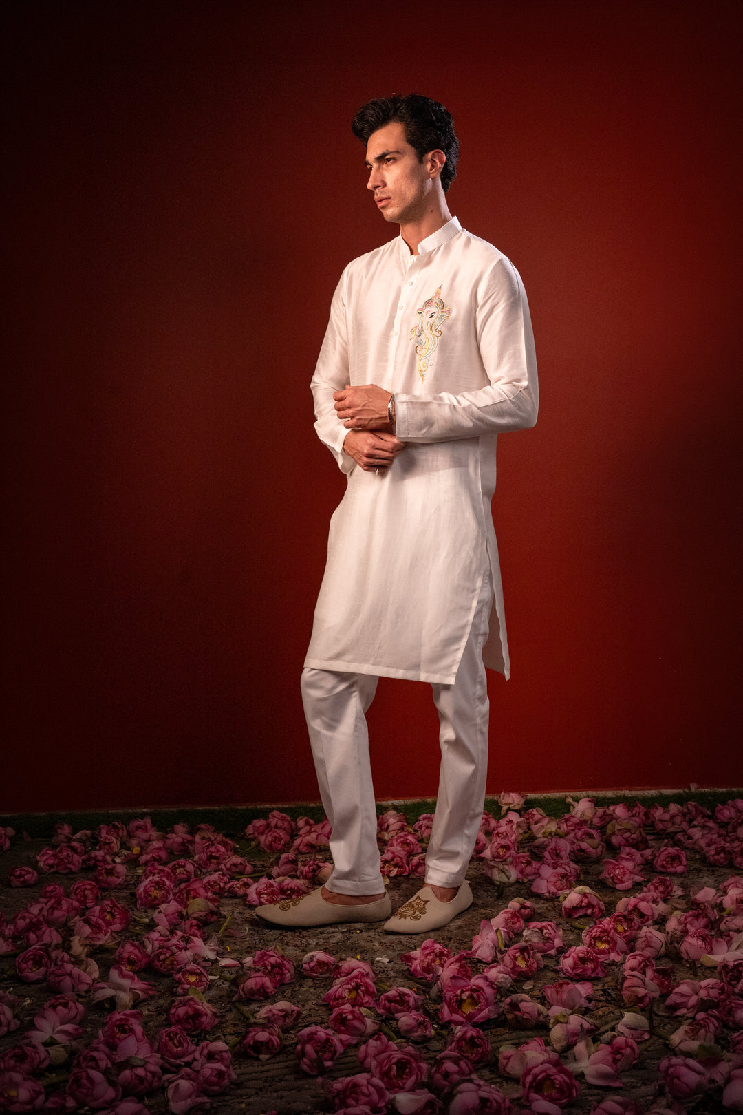 Ekanth — White Thread Embroidered Falling Raw Silk Kurta
