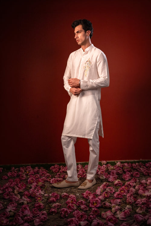 Ekanth — White Thread Embroidered Falling Raw Silk Kurta