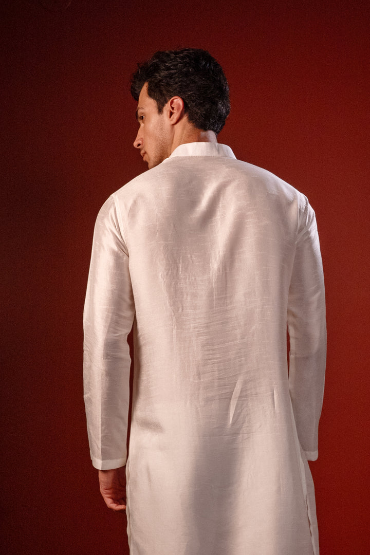Ekanth — White Thread Embroidered Falling Raw Silk Kurta