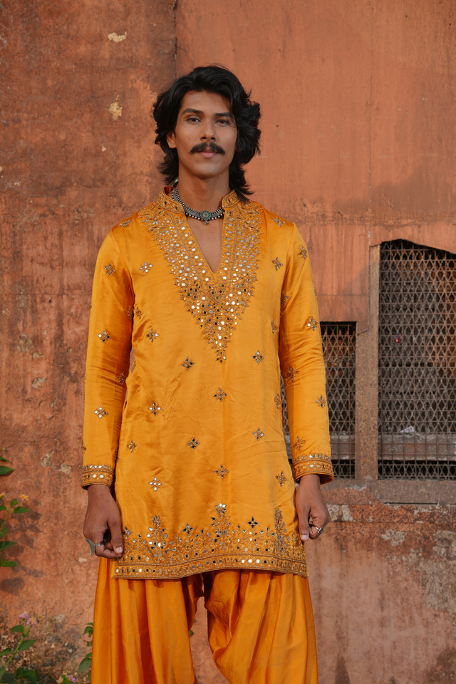 Varchas — Marigold Mirror & Zari Embroidered Raw Silk Satin Kurta