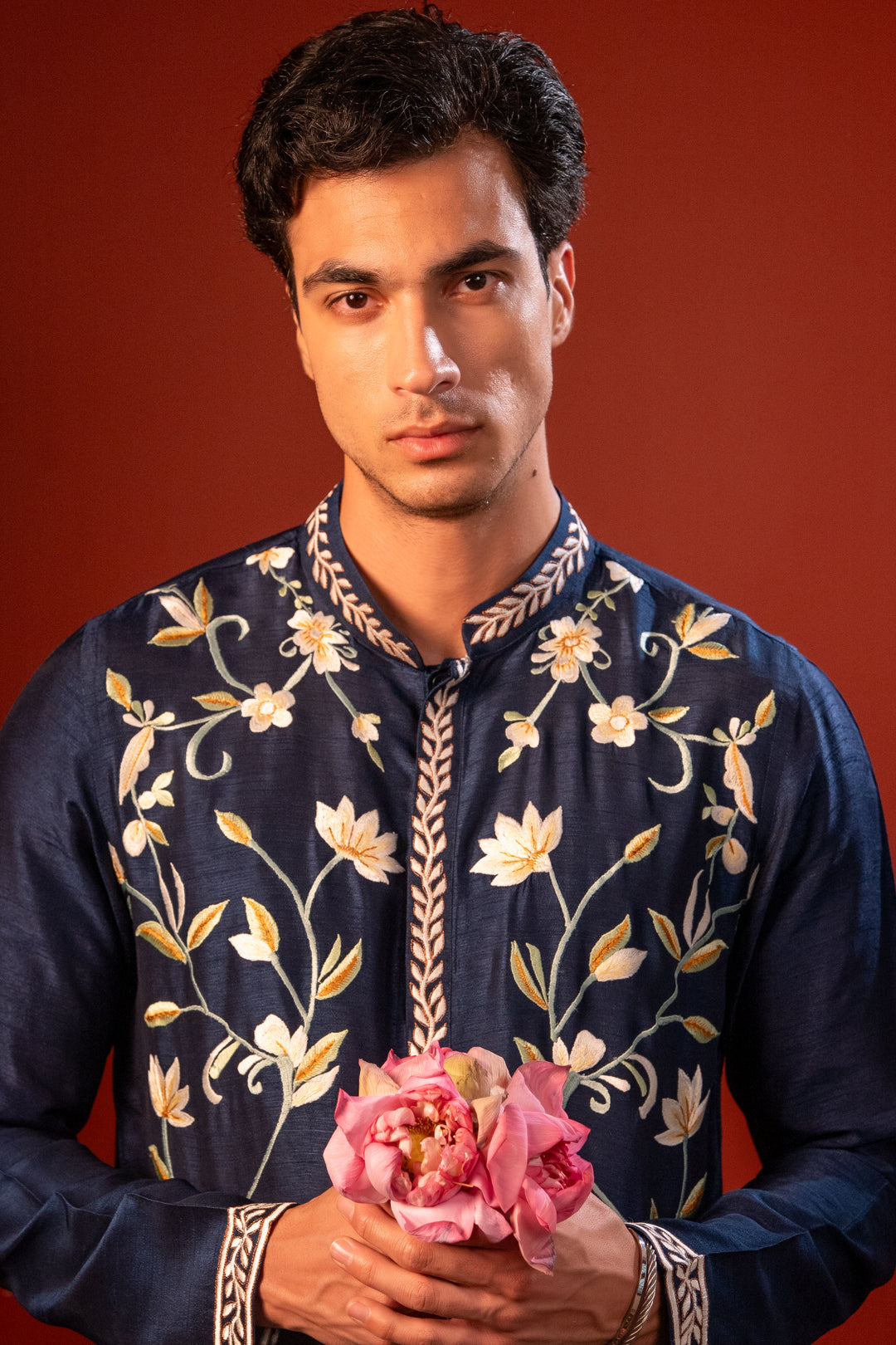 Anant— Navy Hand Embroidered Falling Raw Silk Kurta