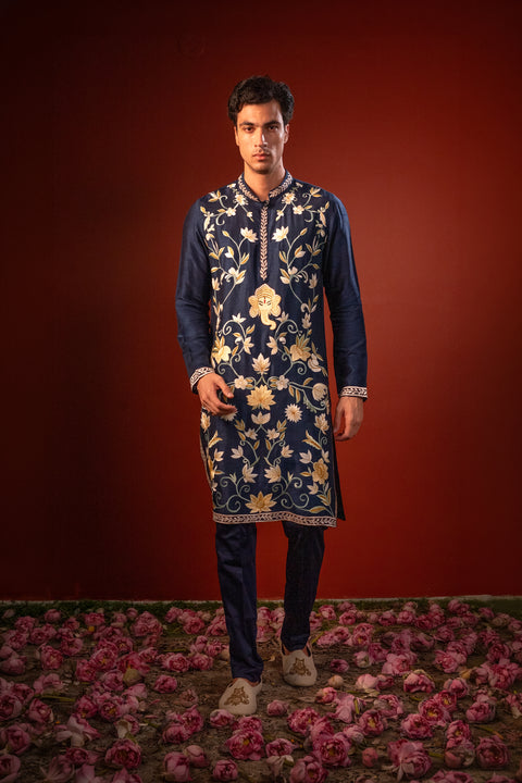 Subodh — Navy Hand Embroidered Falling Raw Silk Kurta