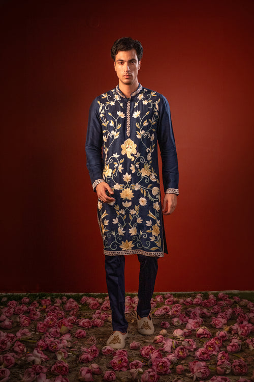 Subodh — Navy Hand Embroidered Falling Raw Silk Kurta