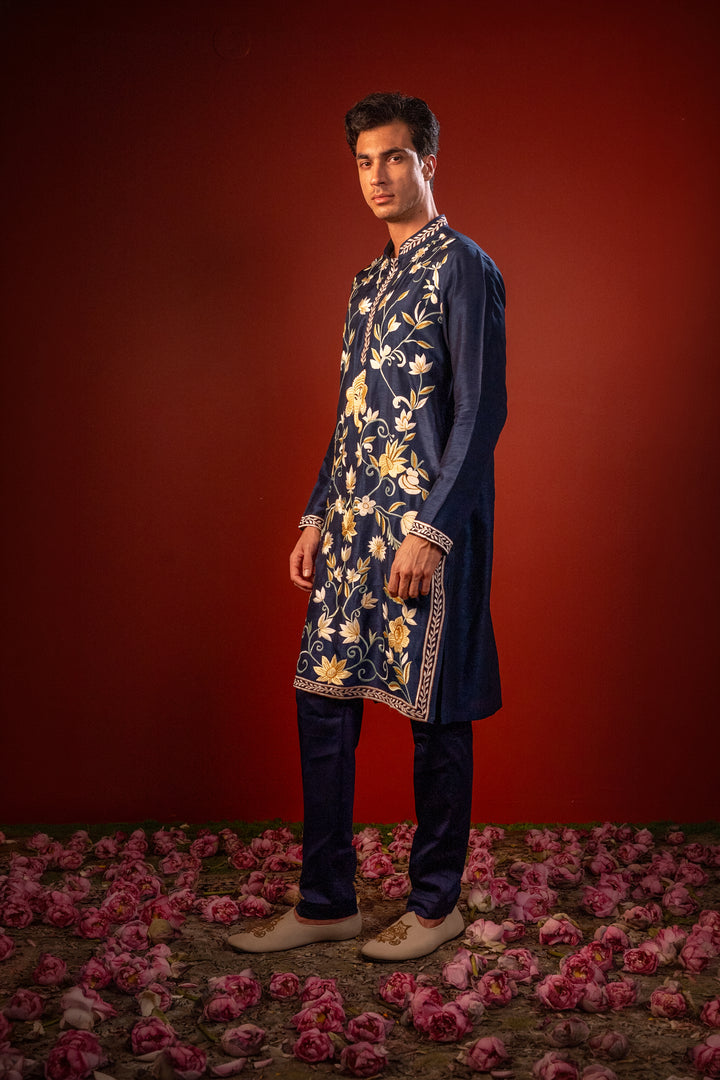 Anant— Navy Hand Embroidered Falling Raw Silk Kurta