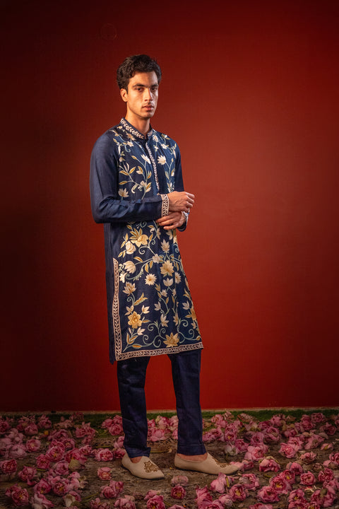 Subodh — Navy Hand Embroidered Falling Raw Silk Kurta