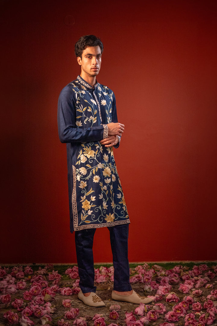 Anant— Navy Hand Embroidered Falling Raw Silk Kurta