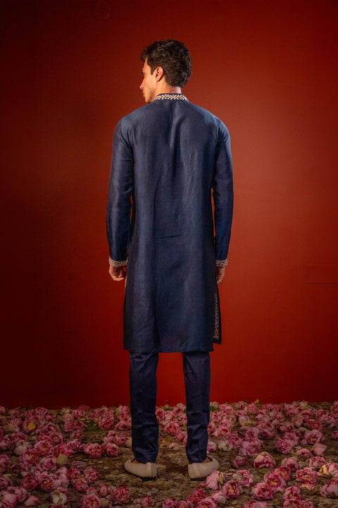 Anant— Navy Hand Embroidered Falling Raw Silk Kurta
