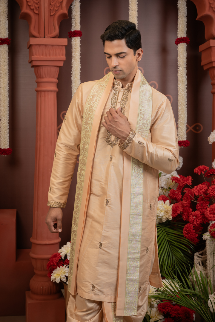 Vihaan — Pastel Peach Hand Embroidered Placket &amp; Figured Zari Brocade Border Semi Pattu Kurta + Dhoti &amp; Kanduva Set