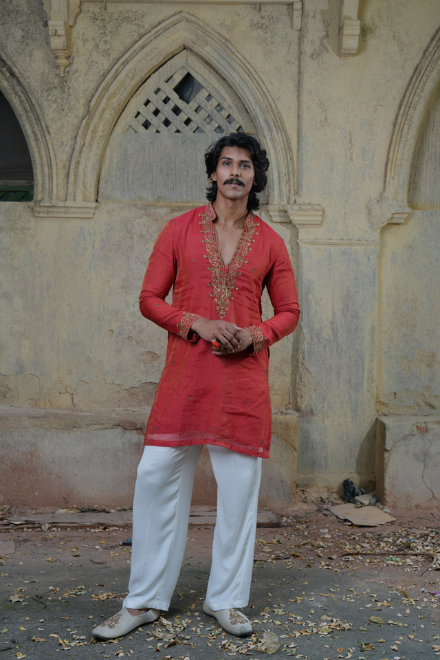 Atulya — Coral Red Hand Zari Embroidered Chanderi Tissue Silk Kurta