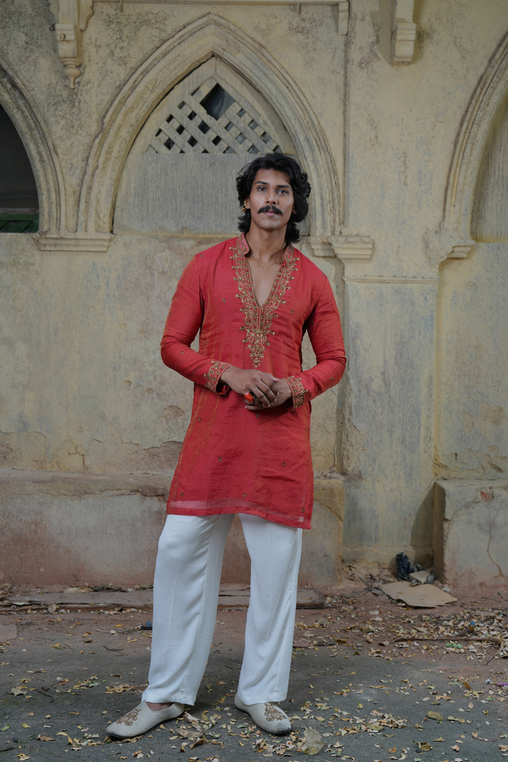 Atulya — Coral Red Hand Zari Embroidered Chanderi Tissue Silk Kurta