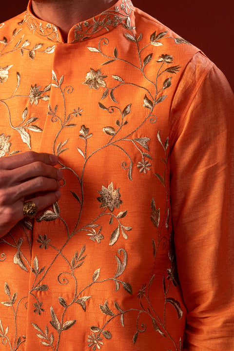 Dhew — Orange Hand Embroidered Falling Raw Silk Nehru Jacket Set