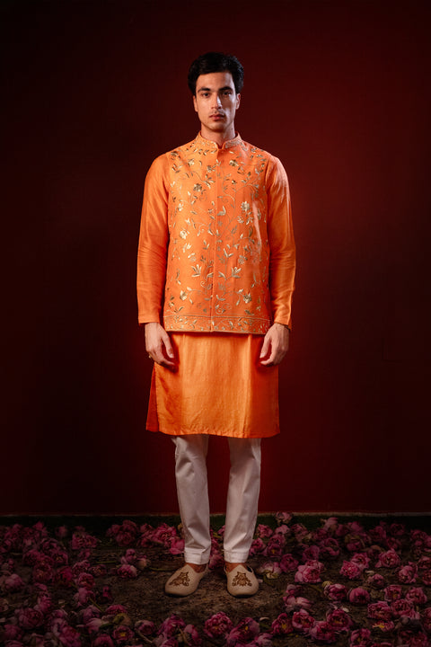 Dhew — Orange Hand Embroidered Falling Raw Silk Nehru Jacket Set