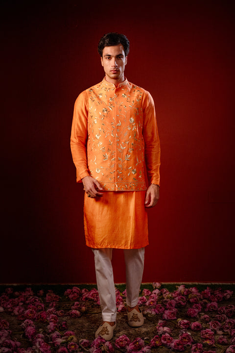 Dhew — Orange Hand Embroidered Falling Raw Silk Nehru Jacket Set