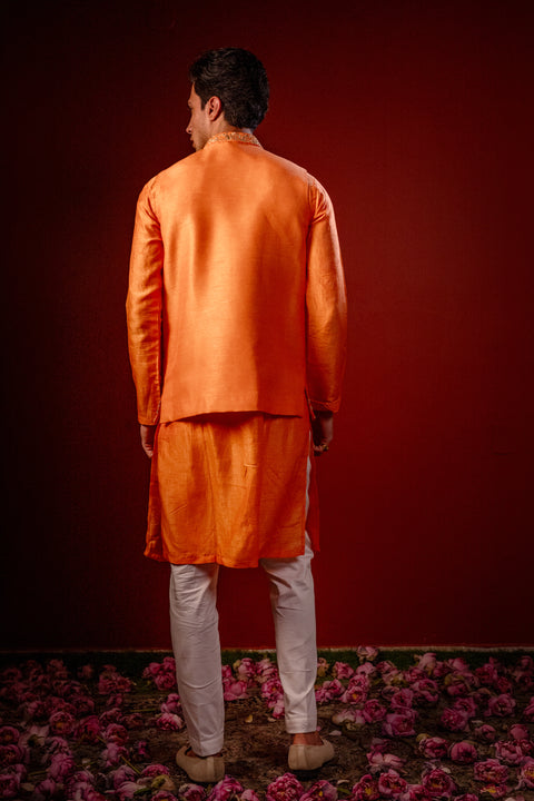 Dhew — Orange Hand Embroidered Falling Raw Silk Nehru Jacket Set