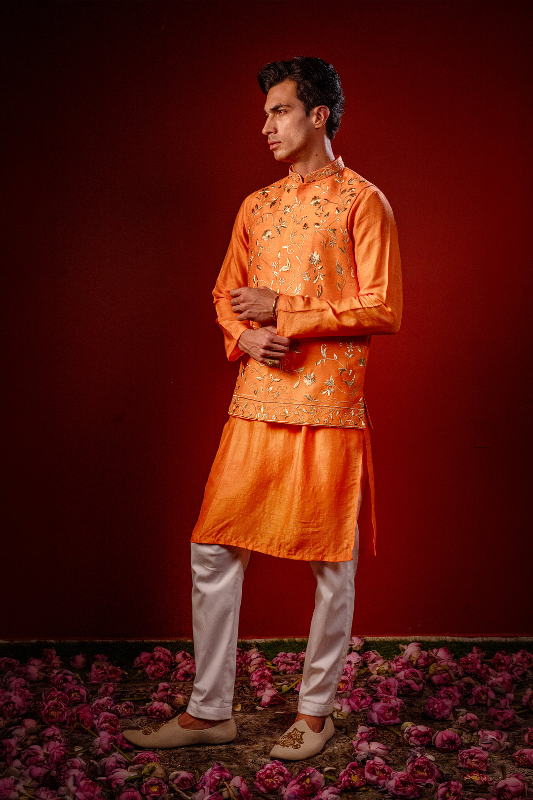 Dhew — Orange Hand Embroidered Falling Raw Silk Nehru Jacket Set