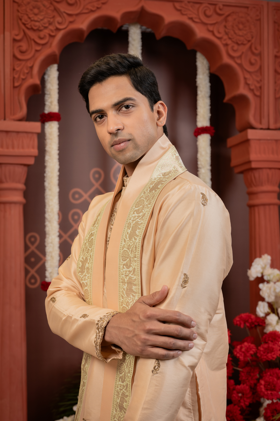 Vihaan — Pastel Peach Hand Embroidered Placket &amp; Figured Zari Brocade Border Semi Pattu Kurta + Dhoti &amp; Kanduva Set