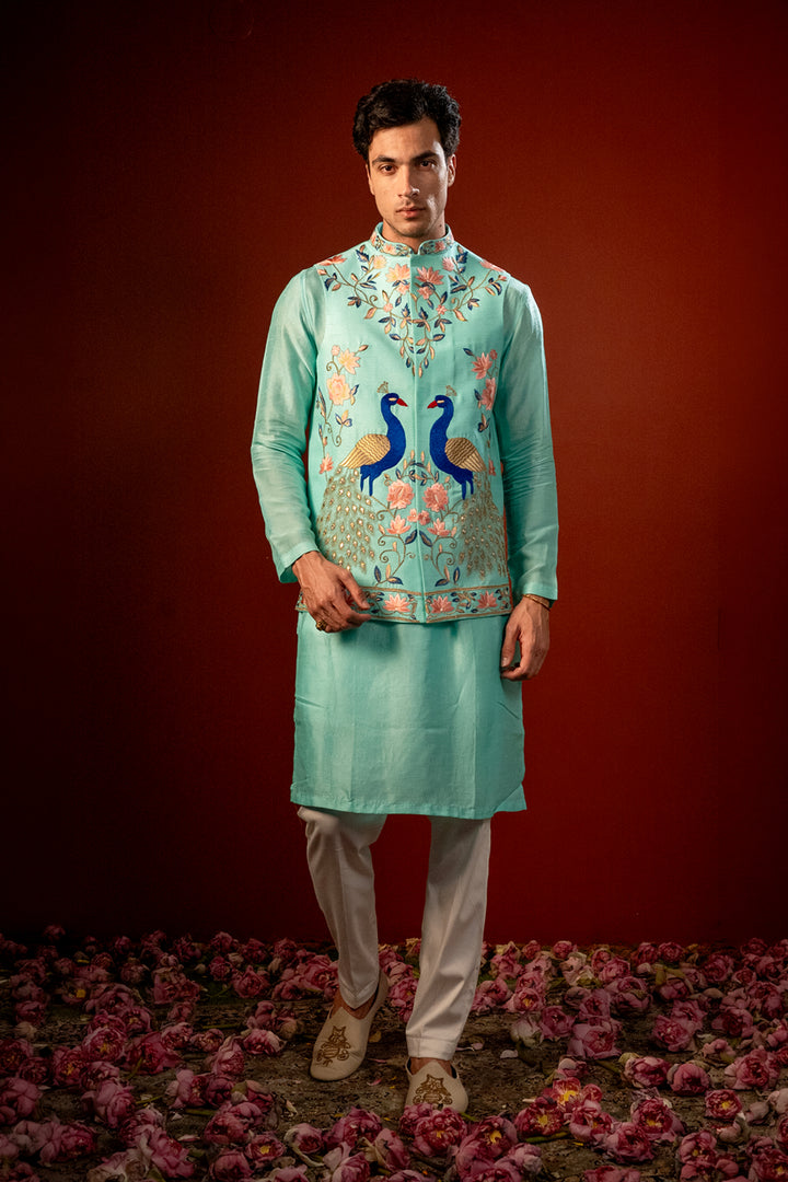 Sharav — Aqua Blue Hand Embroidered Falling Raw Silk Nehru Jacket Set