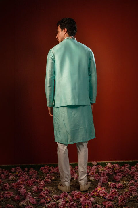 Sharav — Aqua Blue Hand Embroidered Falling Raw Silk Nehru Jacket Set