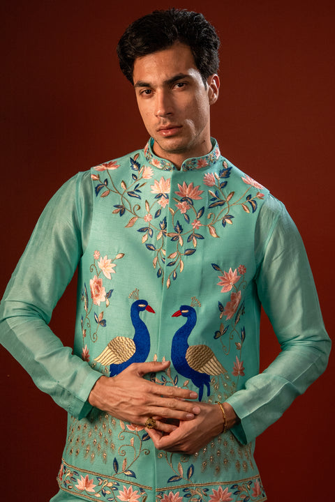 Sharav — Aqua Blue Hand Embroidered Falling Raw Silk Nehru Jacket Set