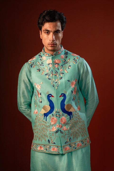 Sharav — Aqua Blue Hand Embroidered Falling Raw Silk Nehru Jacket Set
