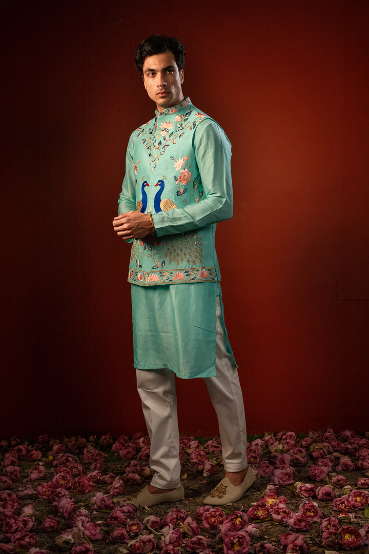 Sharav — Aqua Blue Hand Embroidered Falling Raw Silk Nehru Jacket Set