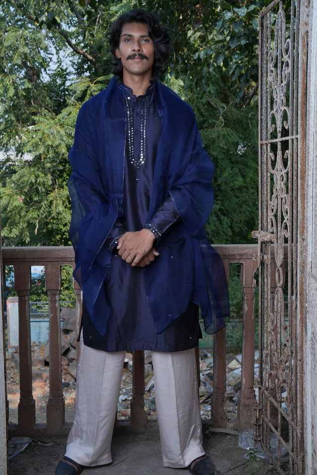 Vyoman — Navy Blue Tonal Mirror Embroidered Dupion Silk Kurta