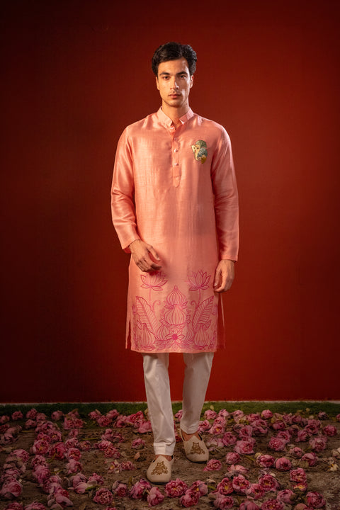 Shubhan — Peach Thread Embroidered Falling Raw Silk Kurta
