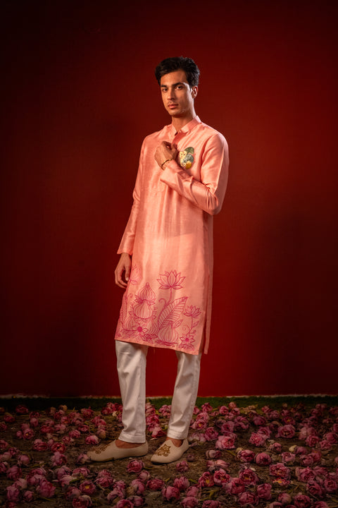 Shubhan — Peach Thread Embroidered Falling Raw Silk Kurta