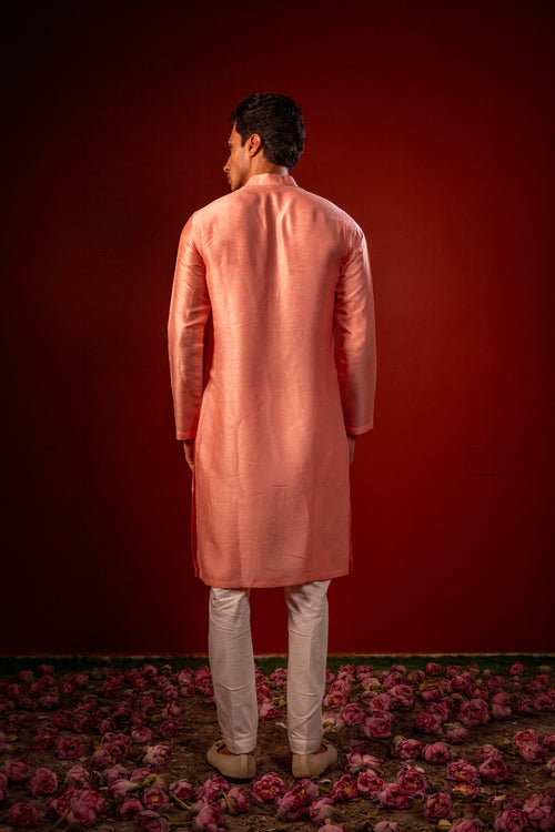 Shubhan — Peach Thread Embroidered Falling Raw Silk Kurta