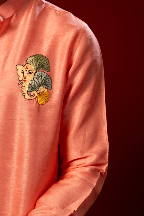 Shubhan — Peach Thread Embroidered Falling Raw Silk Kurta