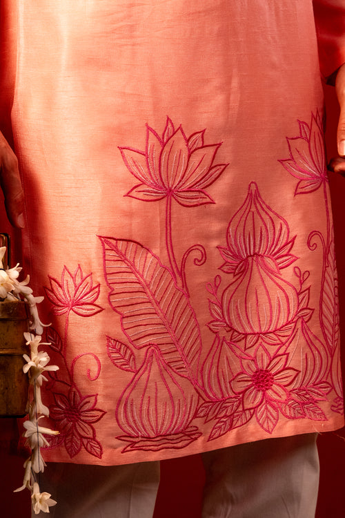Shubhan — Peach Thread Embroidered Falling Raw Silk Kurta