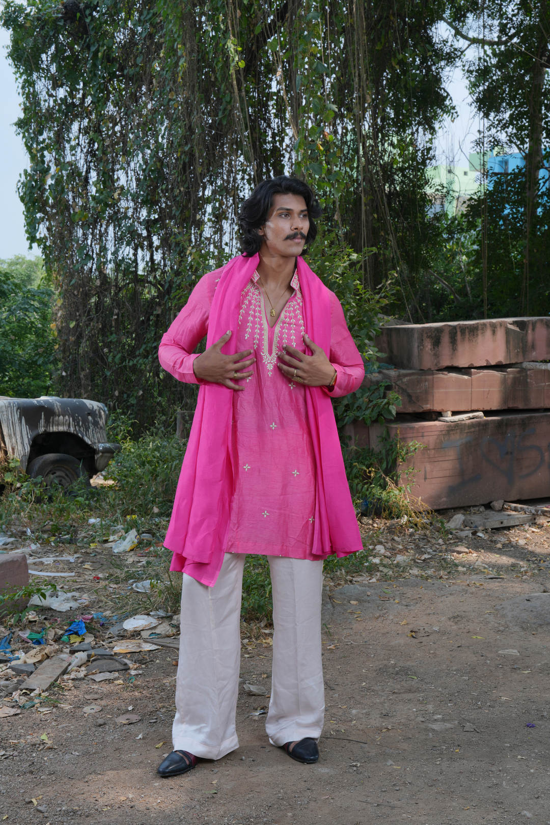 Guleri — Rani Pink Thread Embroidered Falling Raw Silk Kurta