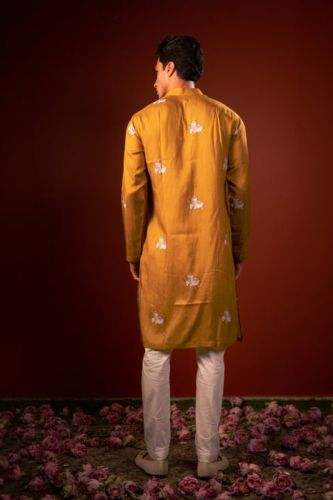 Eshaan — Mustard Printed Falling Raw Silk Kurta