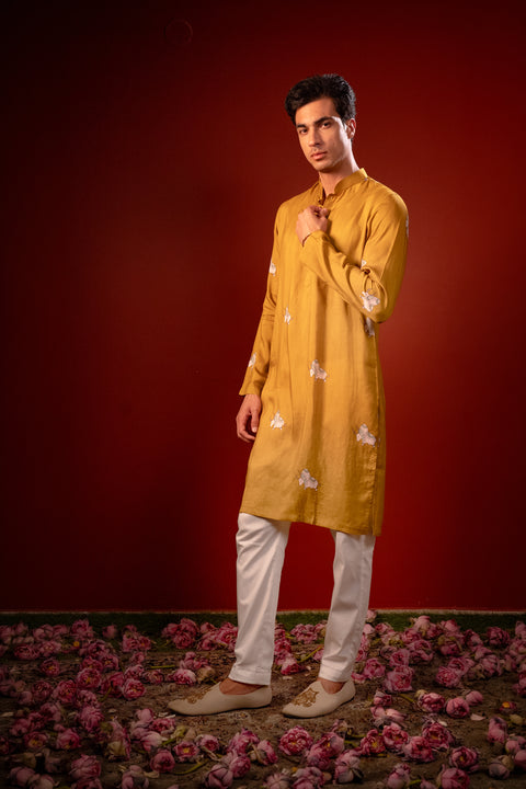 Eshaan — Mustard Printed Falling Raw Silk Kurta