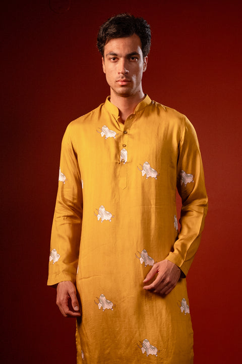 Eshaan — Mustard Printed Falling Raw Silk Kurta